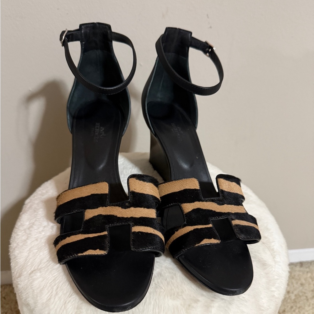 Authentic Hermes H Logo pony hair sandals